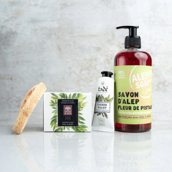 Step-by-step Aleppo soap application showing proper lather technique and skincare routine for face and body